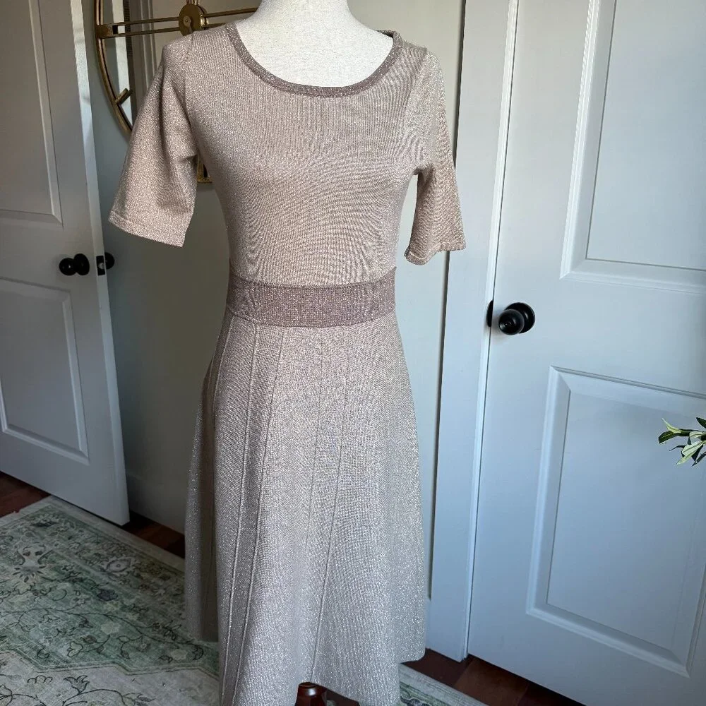 Boden Milano Shimmer Shimmer Knit Dress Beige quarter sleeves US 6L - Picture 1 of 8
